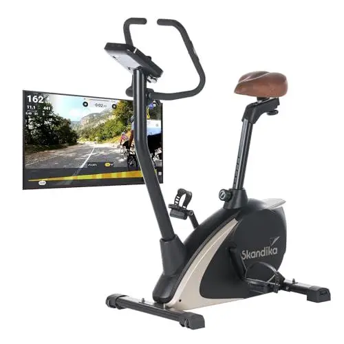 Produktbild: Skandika Ergometer Vinneren Design Hometrainer | Fitness Fahrrad mit Magnetbremssystem, 11kg Schwungmasse, 12 Trainingsprogramme, Tablet-Halterung, Bluetooth, Kinomap, App-Steuerung | schwarz/gold