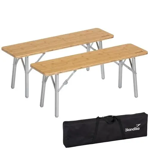 Produktbild: Skandika Sitzbank Tolja 2er Set | Campingbank aus Bambus, 100 x 27 x 39 cm, bis 200 kg belastbar, wetterfest, Tragetasche, Bierbank, Bierzeltbank| Balkonmöbel, Camping, Garten Bank