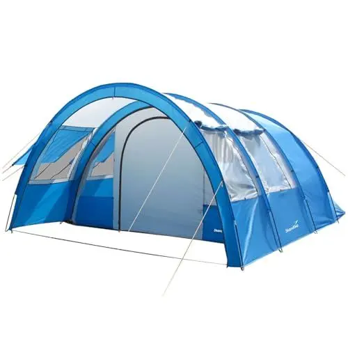 Produktbild: Skandika Tunnelzelt Kemi für 4 Personen | Camping Zelt, 2 Schlafkabinen, 2 m Stehhöhe, wasserfest, 3000 mm Wassersäule, Frontwand versetzbar, Vorzelt | Campingzelt, Familienzelt (blau/grau)