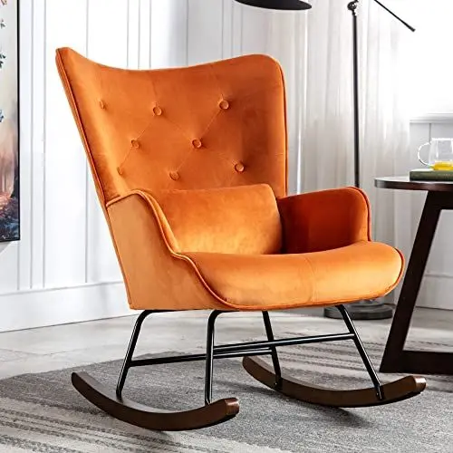 Produktbild: Skandinavischer Schaukelstuhl Schaukelstuhl Samt mit Metallgestell und Holzsockel Polstersessel für Wohnzimmer Retro Sessel Freizeit Relaxstuhl für Wohnzimmer/Schlafzimmer/Kinderzimmer (karamell)