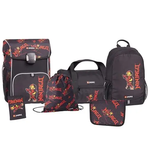 Produktbild: SKANDO BAGS Lego Ninjago Schulranzen Set Jungen & Mädchen ab 1. Klasse - 6-Teilig - Schulrucksack, Federmappe (Gefüllt), Turnbeutel, Kleinerer Rucksack, Geldbörse und Sporttasche, Rot
