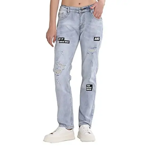 Produktbild: Skateboard Frog Damen Jeans Zerrissene Skinny Slim Fit Boyfriend Y2K Distressed Graphic Stretch-Denim-Jeans (Hellblau Bedruckt,XXL)