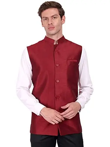 Produktbild: SKAVIJ Herren Indien Dupion seide Nehru-Jacke For Hochzeit (X-Large,Rot)