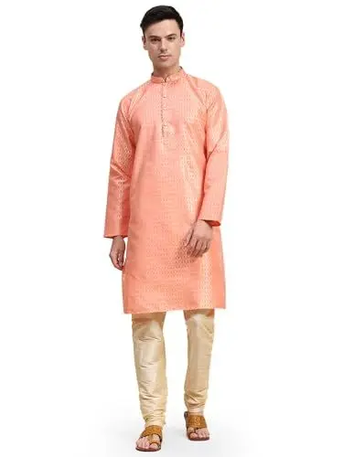 Produktbild: SKAVIJ Herren Indische Ethnischen Geknöpft Kurta Pyjama Set Orange XL