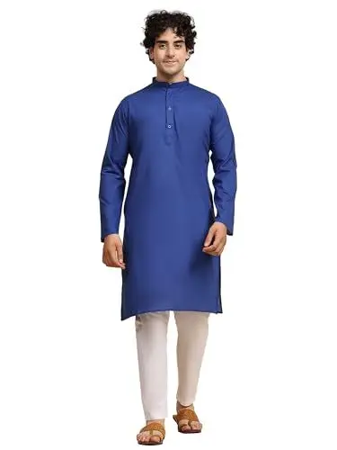 Produktbild: SKAVIJ Herren Tunika Baumwolle Kurta Schlafanzug indisch Yoga Zwanglos Kleid Satz (Königsblau, S)