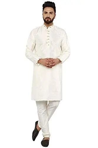 Produktbild: SKAVIJ Herren Tunika Kunst Seide Kurta-Pyjama-Set ethnisch indische Kleidung Anzug (Nicht-Gerade Weiss, M)
