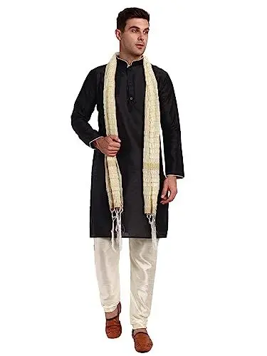 Produktbild: SKAVIJ Herren synthetische indische ethnische Kleidung Kurta Pyjama Schal Anzug Festival Saison Partykleid Set (Schwarz, Medium)