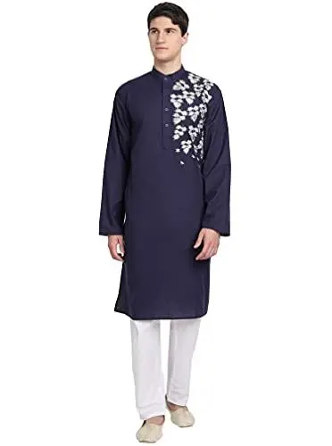 Produktbild: SKAVIJ Kurta-Pyjama-Set Für Männer Bestickt Baumwolle Hochzeit Party Kleid (Mittel, Blau)