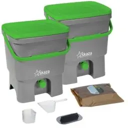 Produktbild: Skaza Bokashi Organko Set (2 x 16 Liter) Küche und Garten Bio Mülleimer - 2X Recyceltem Kunststoff Komposteimer Starterset + inkl. 1 Kg EM Fermentieren Aktivator (Grau-Grün)