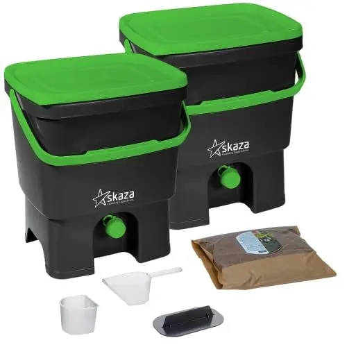 Produktbild: Skaza Bokashi Organko Set (2 x 16 Liter) Küche und Garten Bio Mülleimer - 2X Recyceltem Kunststoff Komposteimer Starterset + inkl. 1 Kg EM Fermentieren Aktivator (Schwarz-Grün)