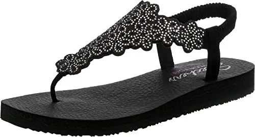 Produktbild: SKECHERS Damen Meditation FLORAL Lover Flipflop, Black Mitobuck/Silver Rhinestone Trim, 38 EU