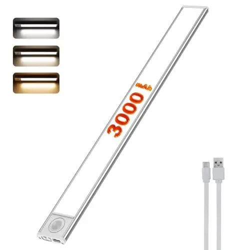 Produktbild: SKELO Schrankbeleuchtung LED mit Bewegungsmelder 40cm Unterschrank Beleuchtung, 3 Farben 6000K und 3000mAh Unterbauleuchte Kabellose Lichtleiste USB Küche Treppe 2024