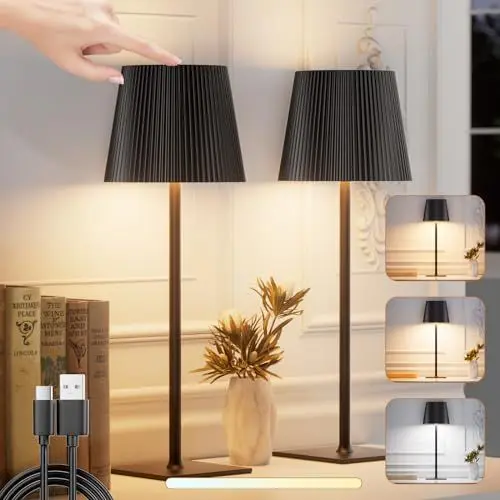 Produktbild: skelo Tischlampe Kabellos Dimmbare Touch LED Akku Tischlampe 3 Farbtemperatur IP54 4000mAh Für drinnen und draußen geeignet Wiederaufladbar USB-C Metallmaterial Schwarz 2 Stück