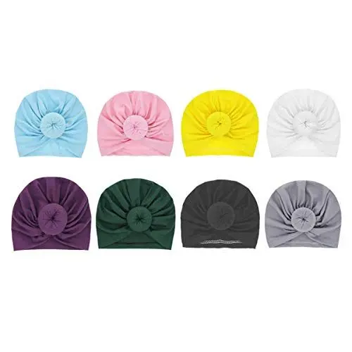 Produktbild: SKEPO 8 Stücke Baby Mütze Round Ball Neugeborene Baumwolle Elastische Stretch Turban Kleinkind Stirnbänder Baby Mädchen Knoten Stirnband Krankenhaus Hut