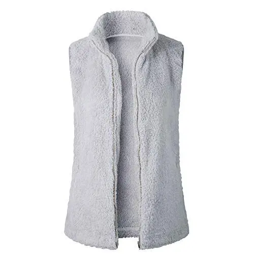 Produktbild: SKEPO Damen Weste Steppweste Sherpa Fleece Ärmellos Winter Warm Hoodie Outwear Mantel Zip Jacke Mit Stehkragen (Grau)