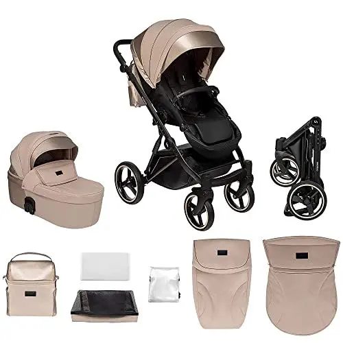 Produktbild: skiddoü 2in1 Oslo Buggy und Babywanne multifunktional Kinderwagen, klappbares Gestell, regulierbar, stoßgedämpfte Räder Moskitonetz Fußschutz Regenschutzfolie Tasche beige