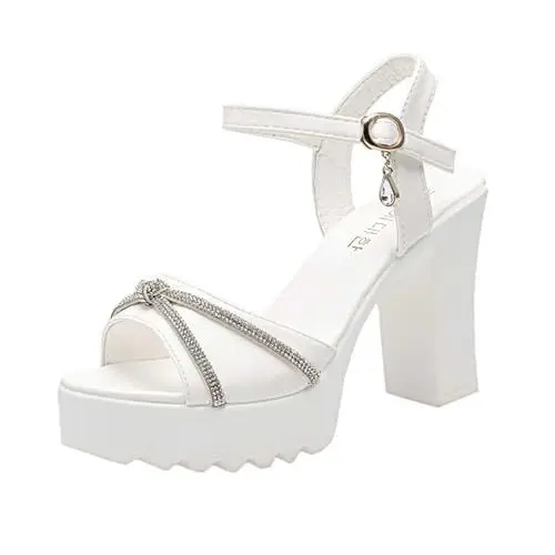 Produktbild: skihandschuhe Herren wasserdicht 2024 Women's Chunky Heels Shoes Fashion Rhinestone Strappy Heel Sandal with One-line Buckle Sandals Office Work Party A-436 White 5.5