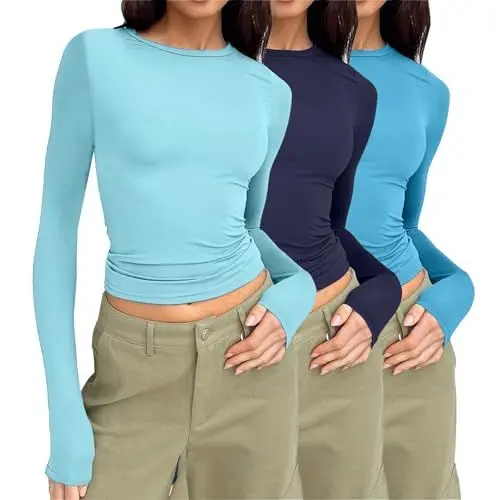 Produktbild: Skims Dupe 3er Pack Langarmshirt Damen Basic Basic Slim Fit Y2K Top Enges Langarm Oberteil Long Sleeve Shirt Rundhals Cropped Tee Einfarbig Dehnbar Aesthetic Shirts Teenager Casual Sweatshirt