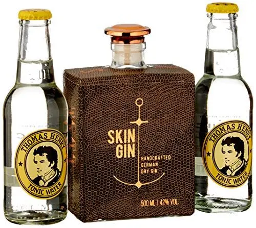 Produktbild: Skin Gin | Handcrafted German Gin | Geschenkbox Gin + Thomas Henry Tonic Water | Manufaktur Gin aus dem Alten Land |Koriander-Grapefruit-Limetten | 42% | 900ML Reptile Brown