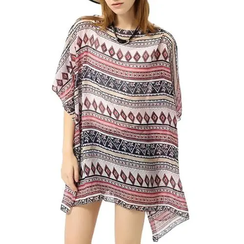 Produktbild: S-kini Damen Kimono Cardigan Sommer Strandkleid Lang Chiffon Strandponcho Pareo Boho Bikini (Geom dbl.-pnk.)