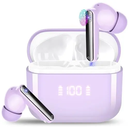 Produktbild: SKIUDCT Bluetooth Kopfhörer, Kopfhörer Kabellos Bluetooth 5.3, 48 Std Tiefer Deep Bass In Ear Kopfhörer mit ENC Noise Cancelling Mic, Wireless Earbuds, IP7 Wasserdicht LED Anzeige Ohrhörer, Lila