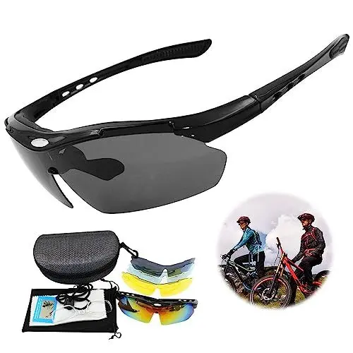 Produktbild: SKJJL Fahrradbrille Herren Winddicht, Sportbrille Herren mit 5 Wechselgläsern, Fahrrad Brille Schwarz, Sport Sonnenbrille, Rennrad Brille Herren für Radfahren, Angeln, Laufen, Klettern, Golf