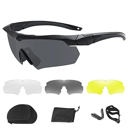 Produktbild: SKJJL Schutzbrille mit 3 Austauschbaren Farben Gläsern, Klare, Kratzfeste, Beschlagfreie und UV-Schützende Linse für Motorrad Radfahren Airsoft Paintball Planspiel Shooting Jagd, Schwarz