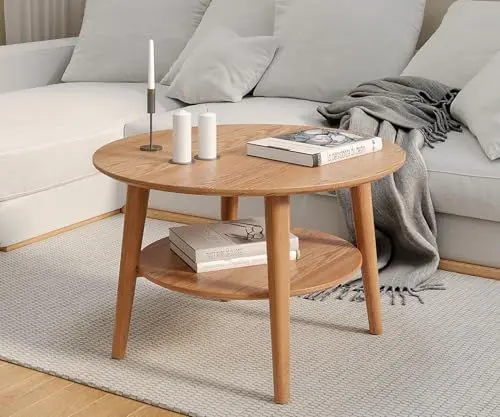 Produktbild: skølm Mjölnir Couchtisch rund – Wohnzimmertisch Holz – Hochwertiger Beistelltisch für Wohnzimmer – Coffee Table aus Eiche Massivholz, Natur dunkel geölt – Sofatisch mit Ablage – Couch Tisch Ø70 cm
