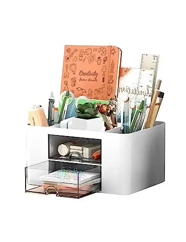 Produktbild: Skran Schreibtisch Organizer, Multifunktionaler Schreibtisch Organizer, 5 Fächer Plastik Tisch Organizer mit Schublade und 2 kleine Schubladen(weiß)