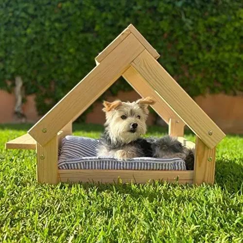 Produktbild: Skraut Home - Hundehütte in Naturfarbe – Bett aus Naturholz FSC für kleine und mittelgroße Hunde und Katzen – Haus für Tiere – 2 Napfhalterungen 76 x 44 x 55 cm