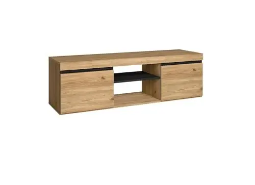 Produktbild: Skraut Home – TV-Schrank – Naturemodell – 140 x 40 x 41 cm – Beistellschrank 2 Türen und 1 zentrales Regal – Nordischer Stil – Melamin – Eiche und Schwarz