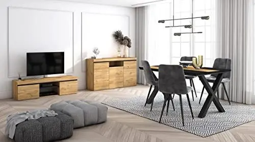 Produktbild: Skraut Home - Wohnzimmermöbel-Set | Tisch 140 Bicolour X-Beine 6 Personen | Lowboard 140 | Sideboard/Buffetschrank 140 | Eiche und Schwarz | Industrieller Stil