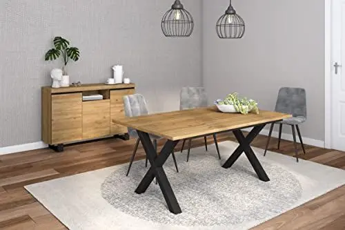 Produktbild: Skraut Home - Wohnzimmermöbel-Set | Tisch 170 X-Beine 8 Personen | Sideboard/Buffetschrank 140 Tall | Eiche und Schwarz | Industrieller Still