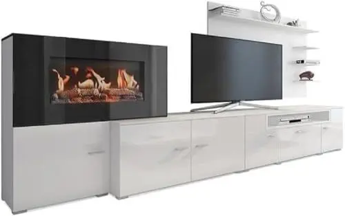 Produktbild: Skraut Home – Wohnzimmermöbel mit elektrischem Kamin – 170 x 290 x 45 cm – LED-Beleuchtungssystem mit Flammeneffekt – neues Olympo-Modell – moderner Stil – weißes Finish