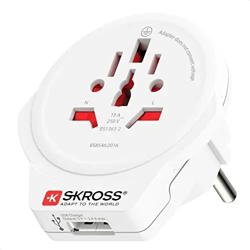 Produktbild: SKROSS - 1.500266 World to Europe Travel Adapter (Shuko) mit USB 1.0 Buchse 5,0 V DC/Max. 2,4 A - Leistung und Spannung 100V – 1600W / 250V – 4000W
