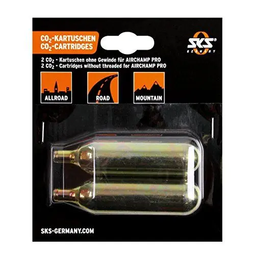 Produktbild: SKS GERMANY 2192230400 CO2 Kartusche 16g ohne Gewinde 2er-Set (Luftkartusche, Fahrradzubehör zum schnellen Aufpumpen von Reifen, ideal für MTB, Rennrad-oder Trekkingreifen), Silber