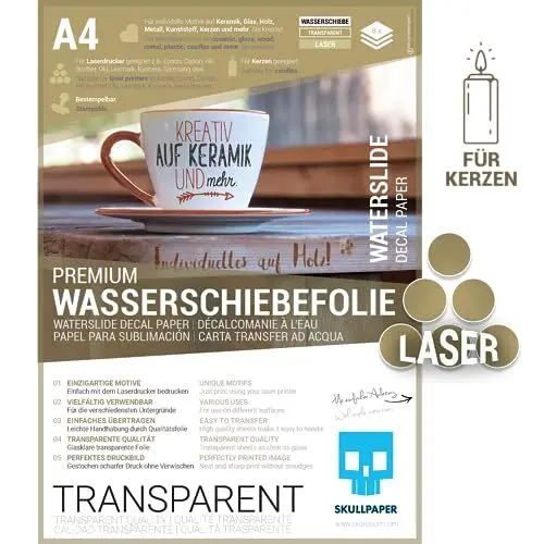 Produktbild: SKULLPAPER® Wasserschiebefolie TRANSPARENT für Laserdrucker - hauchdünn DIY Decal Abziehbild - Nassschiebefolie für Keramik, Glas, Kerzen, Metall, Kunststoff, Modellbau (A4-8 Blatt)