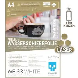Produktbild: SKULLPAPER® Wasserschiebefolie WEISS für Laserdrucker - hauchdünn DIY Decal Abziehbild - Nassschiebefolie für Keramik, Glas, Kerzen, Metall, Kunststoff, Modellbau (A4-8 Blatt)