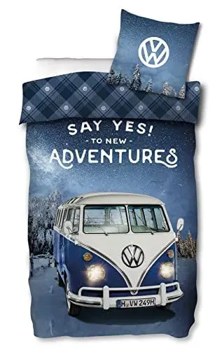 Produktbild: SkyBrands Biber Bettwäsche VW Bulli 135x200 cm 80x80 (Reißverschluss) VW Bus Wende-Bettwäsche-Set Volkswagen 2tlg. Bett Set 1x Bettbezug 1xKissenbezug