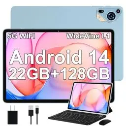 Produktbild: Tablet 10 Zoll Android 14 mit 22 GB RAM + 128 GB ROM (Erweiterbar auf 1 TB), 5G WLAN, GPS, Widevine L1, 2,0 GHz, Octa-Core, 8000 mAh, 8MP + 5MP, BT 5.0,1280 x 800, Tablet mit Tastatur + Maus, Blau