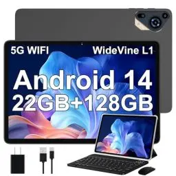 Produktbild: Tablet 10 Zoll Android 14 mit 22 GB RAM + 128 GB ROM (Erweiterbar auf 1 TB), 5G WLAN, GPS, Widevine L1, 2,0 GHz, Octa-Core, 8000mAh, 8MP + 5MP, BT 5.0,1280 x 800, Tablet mit Tastatur + Maus, Grau