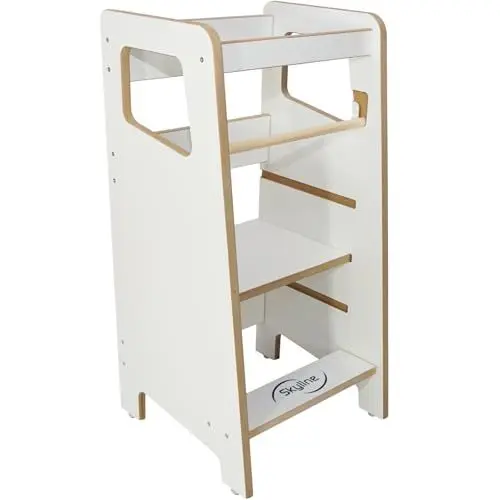 Produktbild: Skyline Steh und Lernturm Baby ab 1 Jahr Montessori Learning Tower Höhenverstellbar Tritthocker Kinder Indoor Möbel Kinderzimmer Trittschemel Kitchen Helper Hochstuhl Faltbarer Weiß