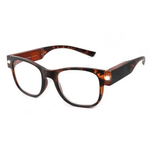 Produktbild: SKYWAY Lesebrille mit Licht, Wiederaufladbare Helle LED Beleuchtete Brille zum Lesen von Kleingedrucktem, Verschreibungspflichtigen Flaschen, Naharbeit (Schildpatt, 2.0)
