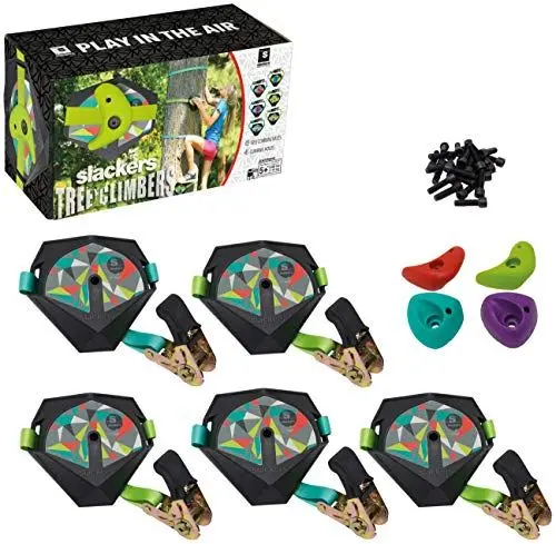 Produktbild: Slackers Ninja Treeclimbers Kletterset - 5 Baumtrittplatten mit Anti-Rutsch-Griptape & 4 Klettergriffen - Kletterhilfe für Kinder & Familien - Baumklettern für Garten & Baumhaus - max. 113 kg
