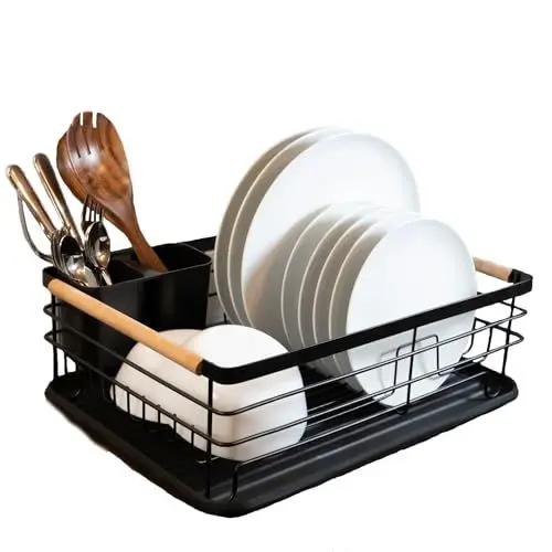 Produktbild: Slash-X | Abtropfgestell/Abtropfständer für Geschirr, mit herausnehmbarem Tablett & abnehmbaren Besteckhalter, schwarz mit Holzgriff (42×32×15 cm)
