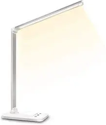 Produktbild: SLATOR Schreibtischlampe LED Dimmbare Tischleuchte 5 Farb und 10 Helligkeitsstufen Nachttischlampe USB-Anschluss für Aufladung des Smartphones Leselicht für Leser, Kinder, QM019, Aluminium, Silver