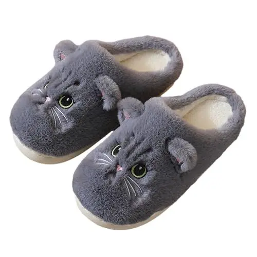 Produktbild: Sleeleece Katze Hausschuhe Damen Herren Winter Plüsch Warm Pantoletten Bequeme Rutschfeste Flache Slippers Tiere Hausschuhe für Weihnachten