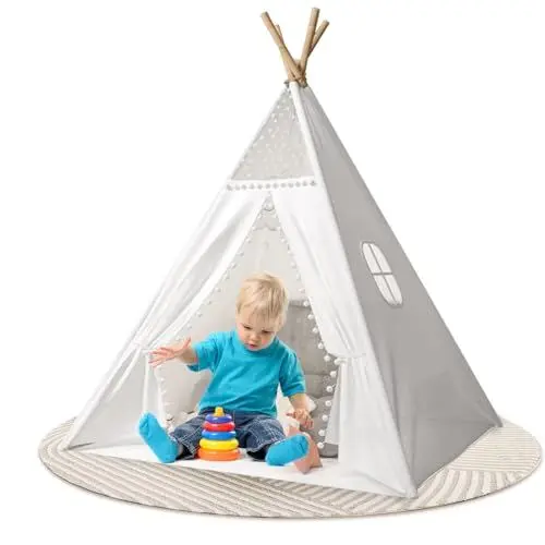 Produktbild: Sleeleece Kinder Tipi Zelt,Tipi Kinderzelt,Klassisches indisches Spielzelt für Kinder,Spielzelt aus Polyester (weiß) & Holz,drinnen & draußen Spielzimmer Babyzimmer Deko für Kleinkinder