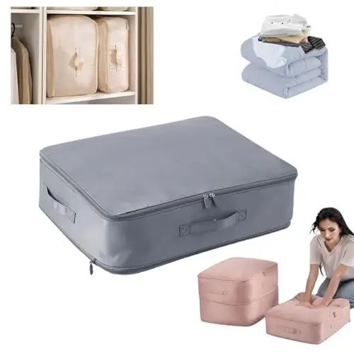 Produktbild: Sleeleece Ultra Platz Sparender Selbstkomprimierender Organizer,Platzsparende Aufbewahrungstasche,Koffer Organizer,2024 Neuest Komprimierender Beutel for Bettdecken, Kleidung, Decken（Grau,M）