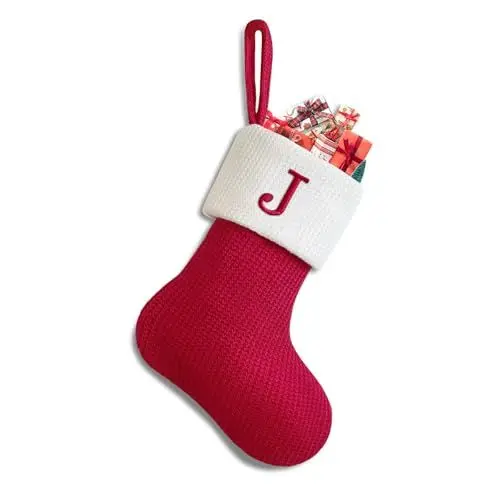 Produktbild: Sleeleece Weihnachtsstrumpf Personalisiert Nikolausstrumpf 22 cm,Christmas Stockings,Nikolausstiefel zum Befüllen Weihnachtsstrumpf Geschenkbeutel Weihnachtsbaum Anhänger Weihnachtsdeko Weiß & Rot J